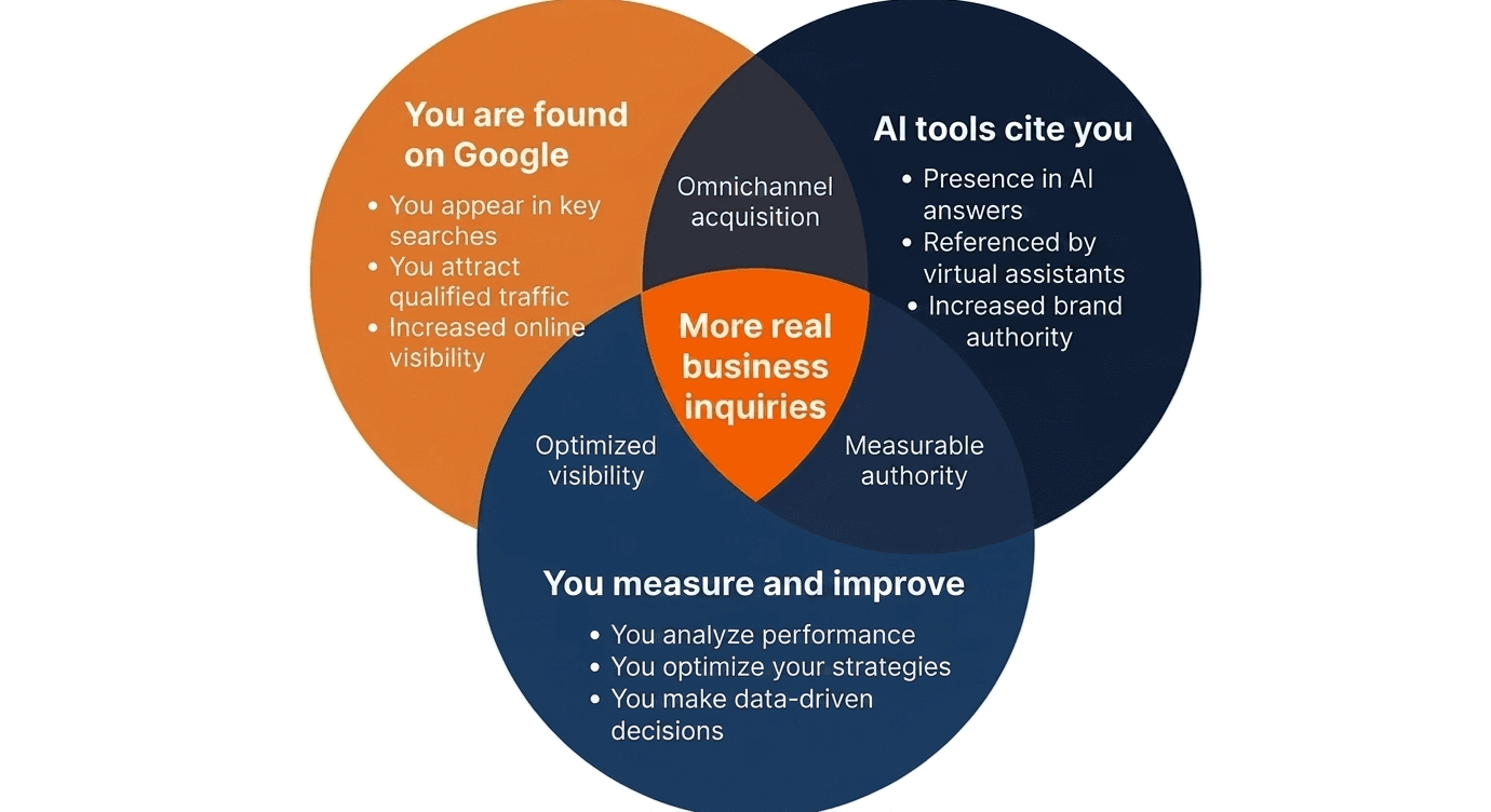 Venn diagram of Eurekarank's three pillars: Google visibility, AI citation, and results measurement — converging on more real commercial inquiries