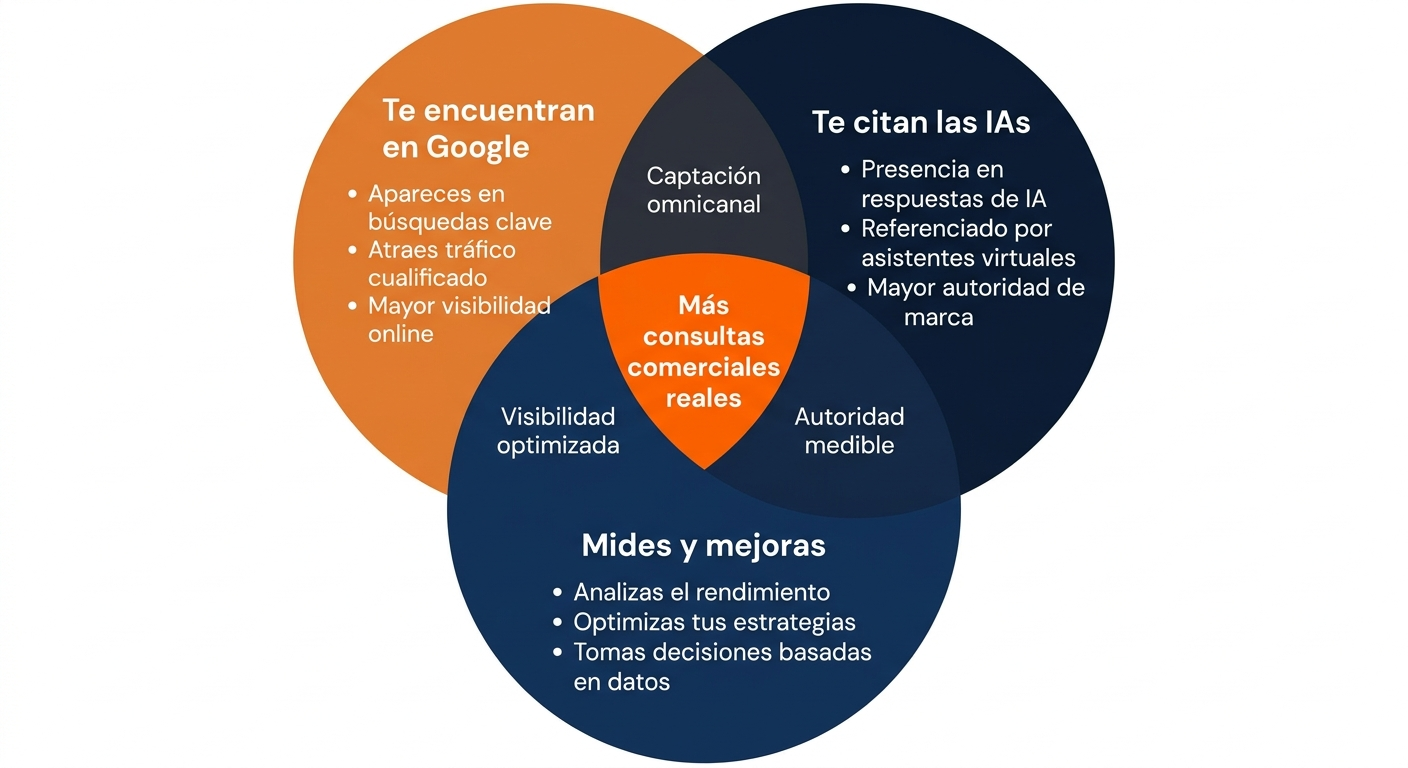 Diagrama de los tres pilares de MocaWeb: visibilidad en Google, citación en IA y medición de resultados — convergiendo en más consultas comerciales reales